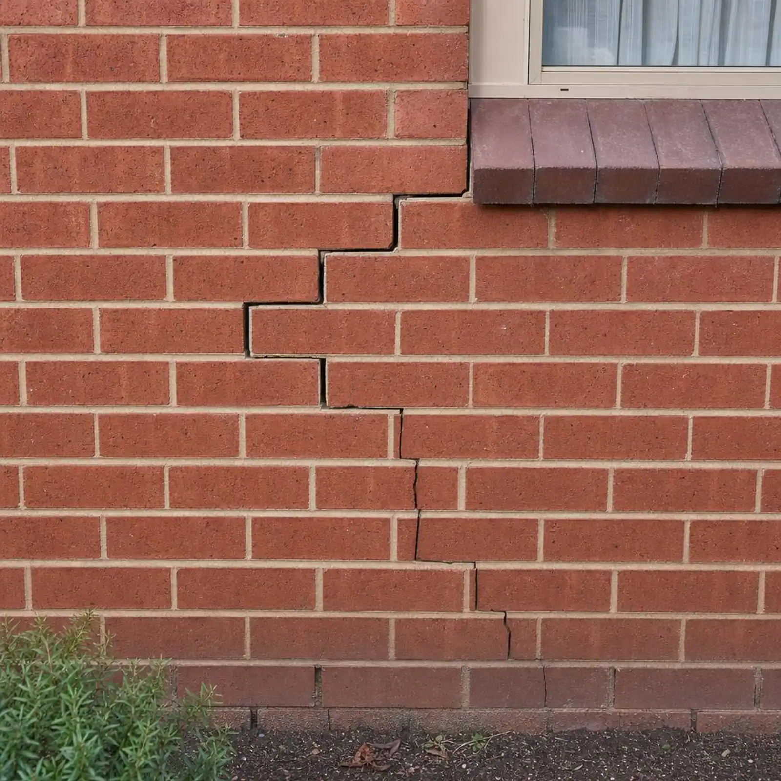 Stair-step crack following the mortar joints in a red brick wall