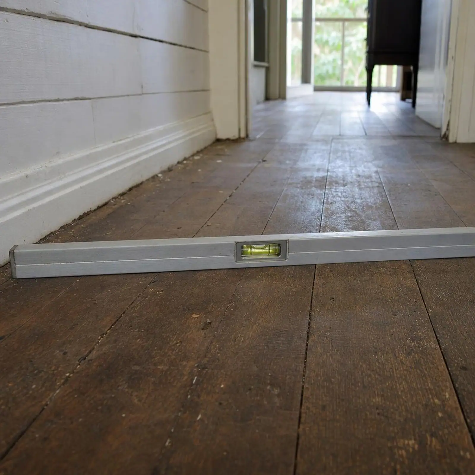 Hallway timber floor with a spirit level resting on it showing the floor sloping