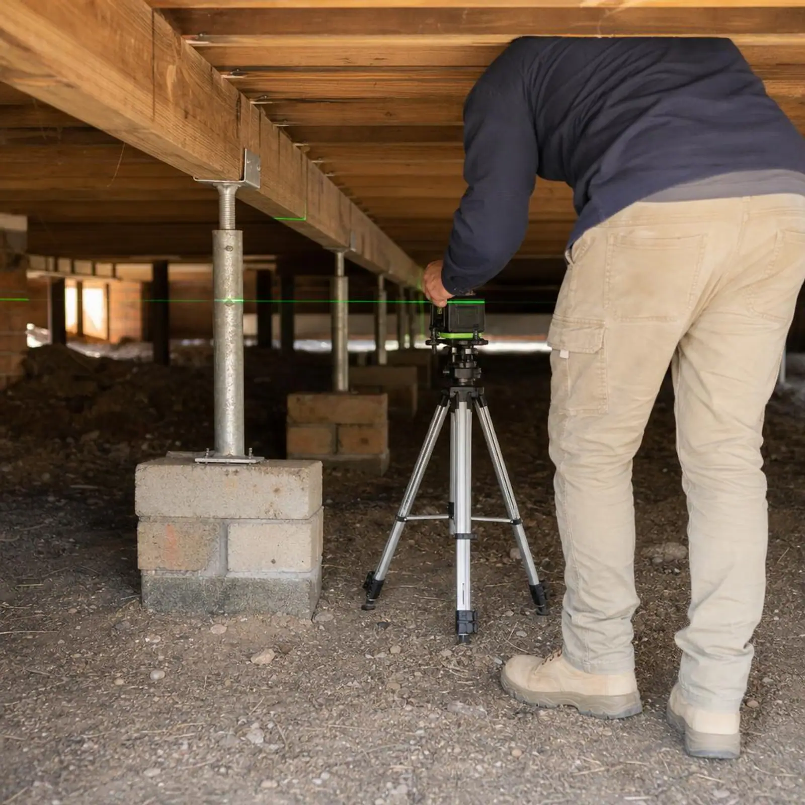 Building practitioner using a laser level beneath a raised floor